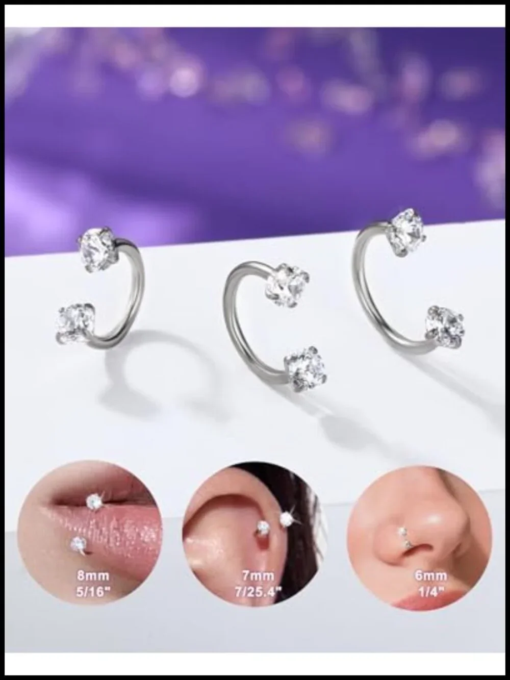 18G Titanium Horseshoe Nose Ring with CZ Gem, Septum Lip Piercing Jewelry